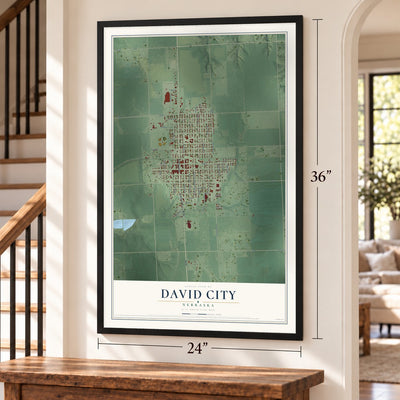 David City, Nebraska map, 24 x 36 inch print in a black frame by a staircase