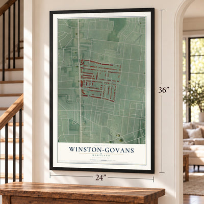 Winston-Govans, Maryland map, 24 x 36 inch print in a black frame by a staircase