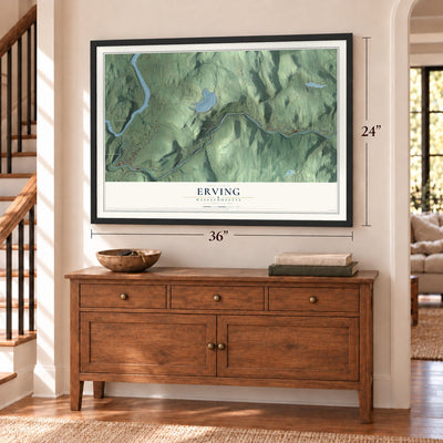 Erving, Massachusetts map, 24 x 36 inch print in a black frame above a dresser by a staircase