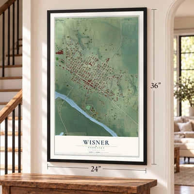 Wisner, Nebraska map, 24 x 36 inch print in a black frame by a staircase