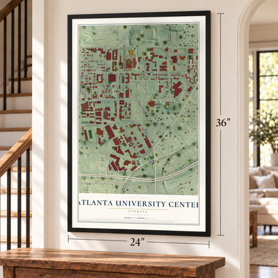 Atlanta University Center, Georgia map, 24 x 36 inch print in a black frame by a staircase