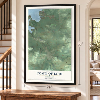 Town of Lodi, Wisconsin map, 24 x 36 inch print in a black frame by a staircase