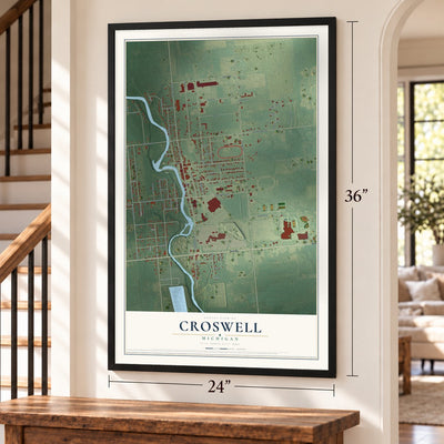 Croswell, Michigan map, 24 x 36 inch print in a black frame by a staircase