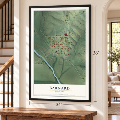 Barnard, Missouri map, 24 x 36 inch print in a black frame by a staircase