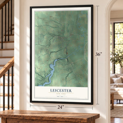 Leicester, New York map, 24 x 36 inch print in a black frame by a staircase
