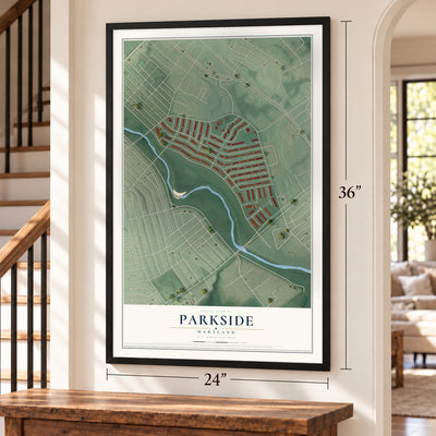 Parkside, Maryland map, 24 x 36 inch print in a black frame by a staircase