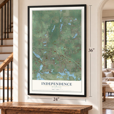 Independence, Michigan map, 24 x 36 inch print in a black frame by a staircase
