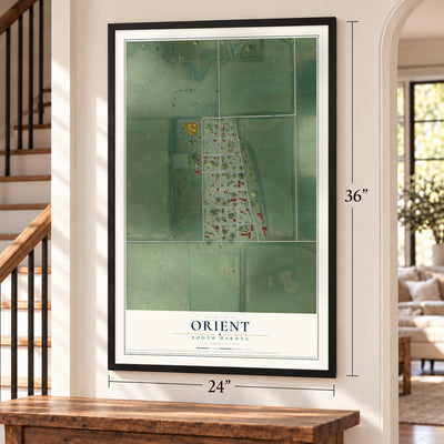 Orient, South Dakota map, 24 x 36 inch print in a black frame by a staircase
