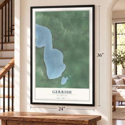 Gerrish, Michigan map, 24 x 36 inch print in a black frame by a staircase