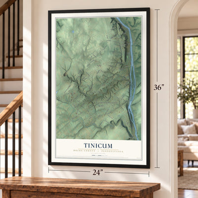 Tinicum, Bucks County, Pennsylvania map, 24 x 36 inch print in a black frame by a staircase