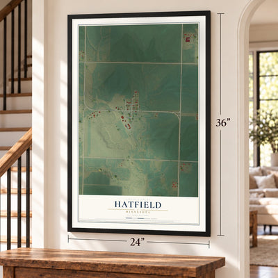Hatfield, Minnesota map, 24 x 36 inch print in a black frame by a staircase