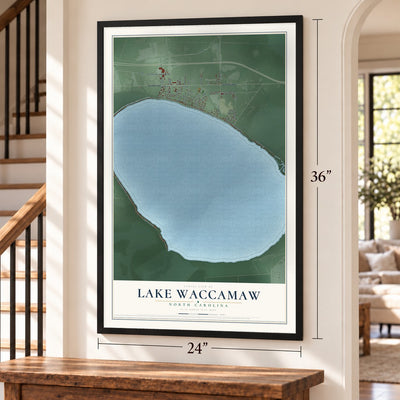 Lake Waccamaw, North Carolina map, 24 x 36 inch print in a black frame by a staircase