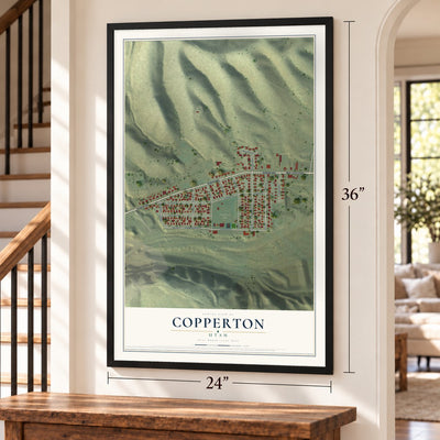 Copperton, Utah map, 24 x 36 inch print in a black frame by a staircase