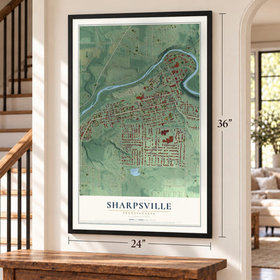 Sharpsville, Pennsylvania map, 24 x 36 inch print in a black frame by a staircase