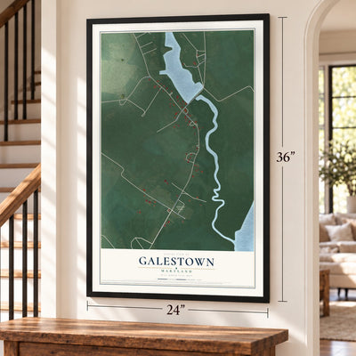 Galestown, Maryland map, 24 x 36 inch print in a black frame by a staircase