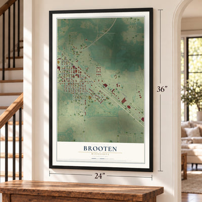 Brooten, Minnesota map, 24 x 36 inch print in a black frame by a staircase