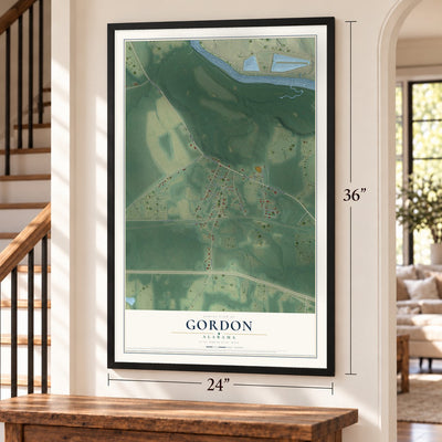 Gordon, Alabama map, 24 x 36 inch print in a black frame by a staircase