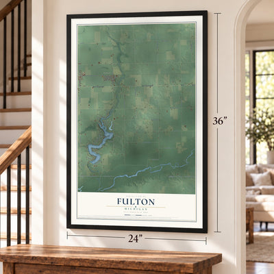Fulton, Michigan map, 24 x 36 inch print in a black frame by a staircase
