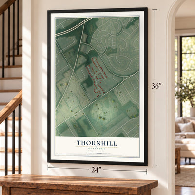 Thornhill, Kentucky map, 24 x 36 inch print in a black frame by a staircase