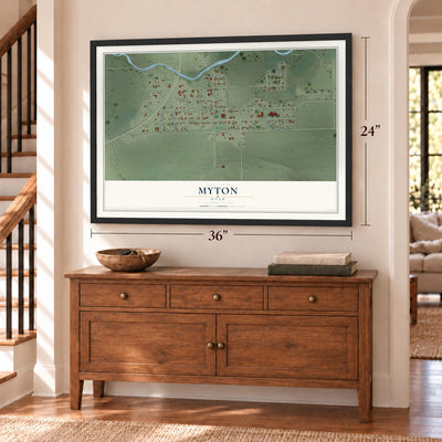 Myton, Utah map, 24 x 36 inch print in a black frame above a dresser by a staircase