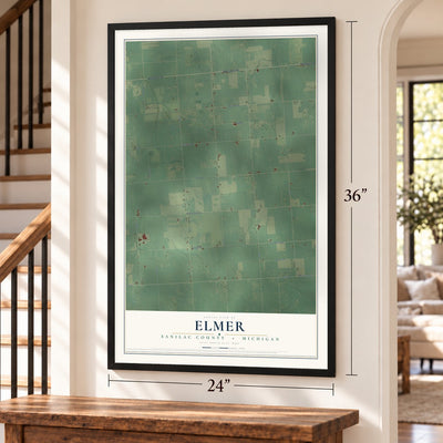 Elmer, Sanilac County, Michigan map, 24 x 36 inch print in a black frame by a staircase