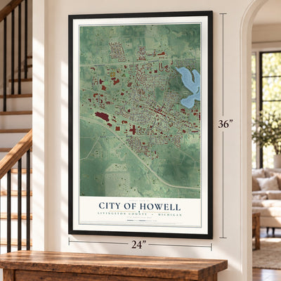 Howell, Michigan map, 24 x 36 inch print in a black frame by a staircase
