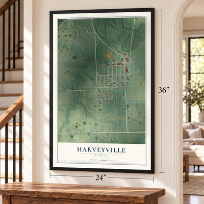 Harveyville, Kansas map, 24 x 36 inch print in a black frame by a staircase