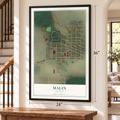 Malin, Oregon map, 24 x 36 inch print in a black frame by a staircase