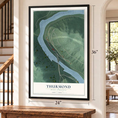 Thurmond, West Virginia map, 24 x 36 inch print in a black frame by a staircase