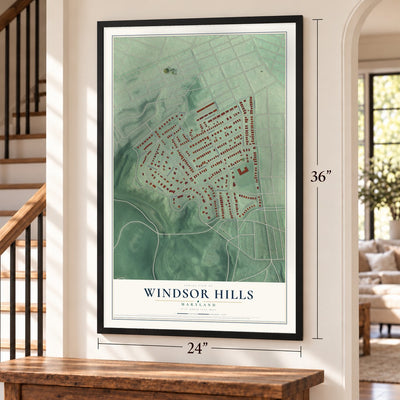 Windsor Hills, Maryland map, 24 x 36 inch print in a black frame by a staircase