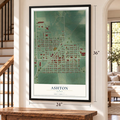 Ashton, Idaho map, 24 x 36 inch print in a black frame by a staircase