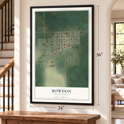 Bowdon, North Dakota map, 24 x 36 inch print in a black frame by a staircase