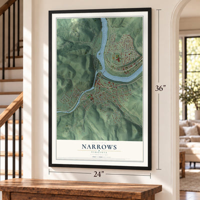 Narrows, Virginia map, 24 x 36 inch print in a black frame by a staircase