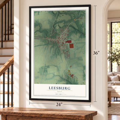 Leesburg, Ohio map, 24 x 36 inch print in a black frame by a staircase
