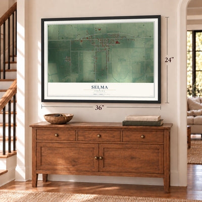 Selma, Indiana map, 24 x 36 inch print in a black frame above a dresser by a staircase