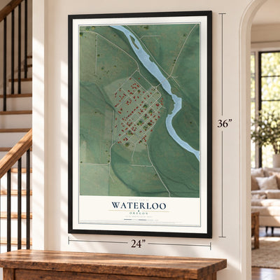 Waterloo, Oregon map, 24 x 36 inch print in a black frame by a staircase