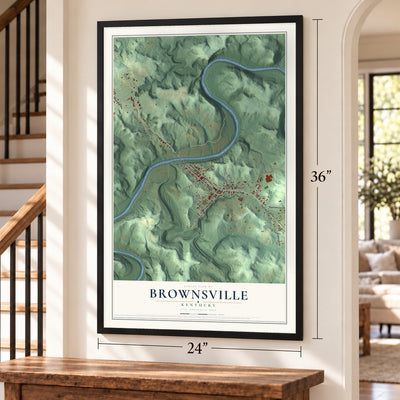 Brownsville, Kentucky map, 24 x 36 inch print in a black frame by a staircase