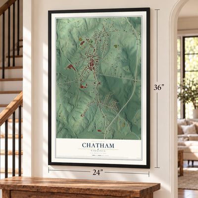Chatham, Virginia map, 24 x 36 inch print in a black frame by a staircase