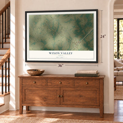 Wixon Valley, Texas map, 24 x 36 inch print in a black frame above a dresser by a staircase