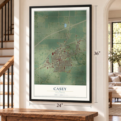 Casey, Illinois map, 24 x 36 inch print in a black frame by a staircase