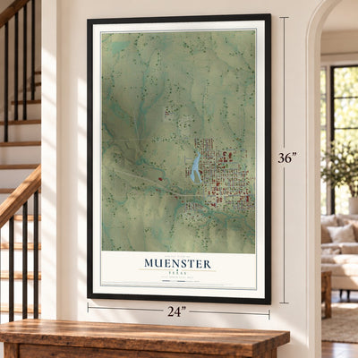 Muenster, Texas map, 24 x 36 inch print in a black frame by a staircase