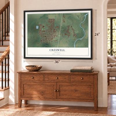 Creswell, Oregon map, 24 x 36 inch print in a black frame above a dresser by a staircase