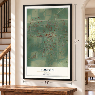 Boston, Georgia map, 24 x 36 inch print in a black frame by a staircase