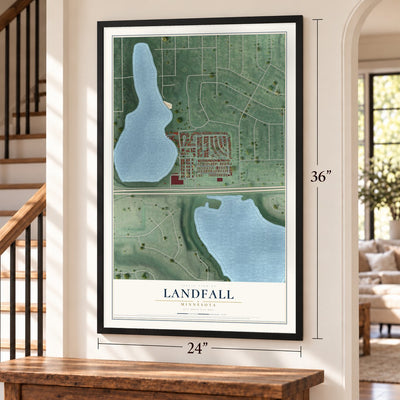 Landfall, Minnesota map, 24 x 36 inch print in a black frame by a staircase