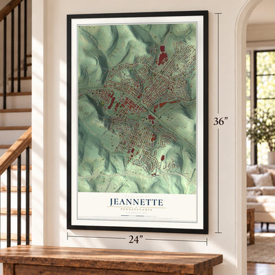 Jeannette, Pennsylvania map, 24 x 36 inch print in a black frame by a staircase