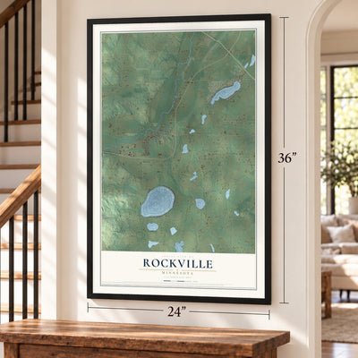 Rockville, Minnesota map, 24 x 36 inch print in a black frame by a staircase