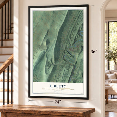 Liberty, Bedford County, Pennsylvania map, 24 x 36 inch print in a black frame by a staircase