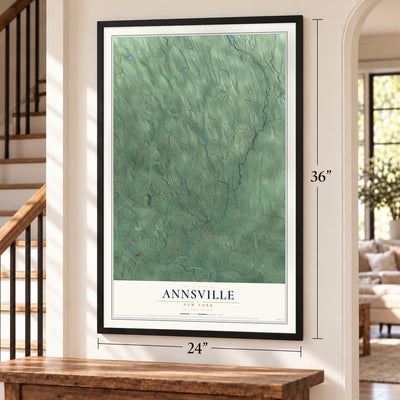 Annsville, New York map, 24 x 36 inch print in a black frame by a staircase
