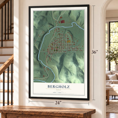 Bergholz, Ohio map, 24 x 36 inch print in a black frame by a staircase
