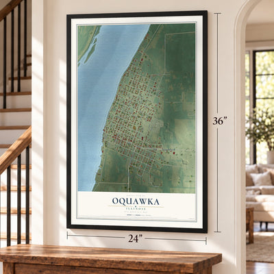 Oquawka, Illinois map, 24 x 36 inch print in a black frame by a staircase